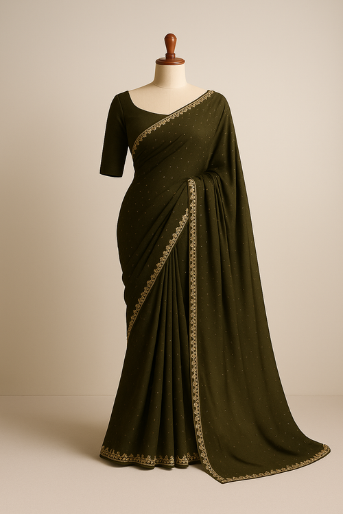 Dark Olive Green Saree with Golden Embellished Border