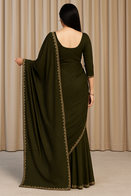 Dark Olive Green Saree with Golden Embellished Border