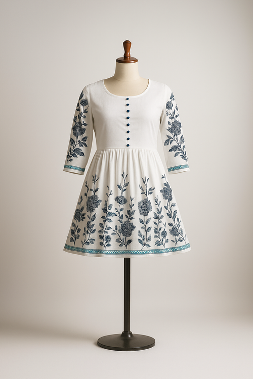 Floral Printed White Cotton Tunic for Women