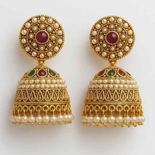 Heritage Gold Jhumka – Traditional Elegance with Pearls & Gem Accents