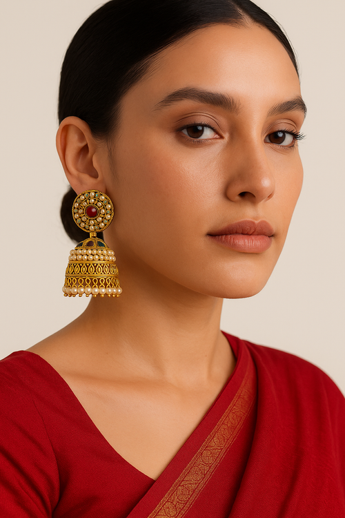 Heritage Gold Jhumka – Traditional Elegance with Pearls & Gem Accents