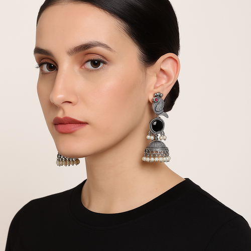 Bird Design Silver Plated Oxidised Jhumkas for Women