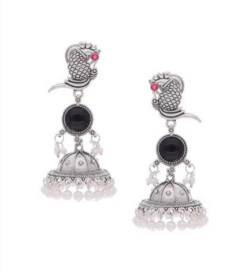 Bird Design Silver Plated Oxidised Jhumkas for Women