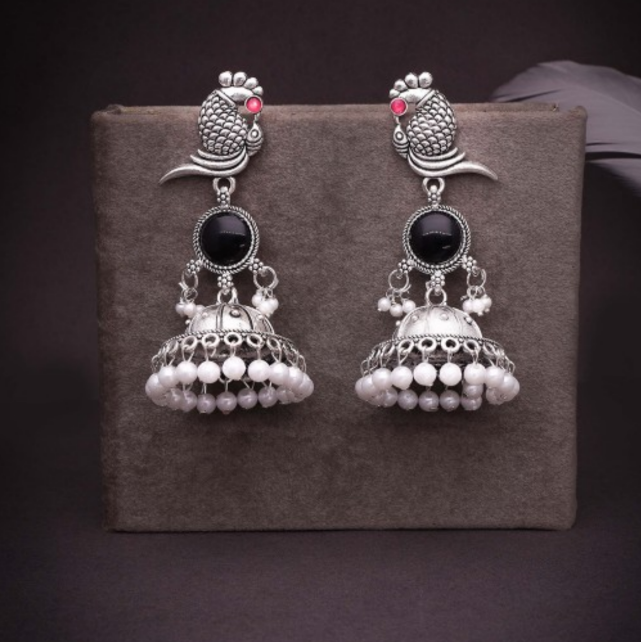 Bird Design Silver Plated Oxidised Jhumkas for Women